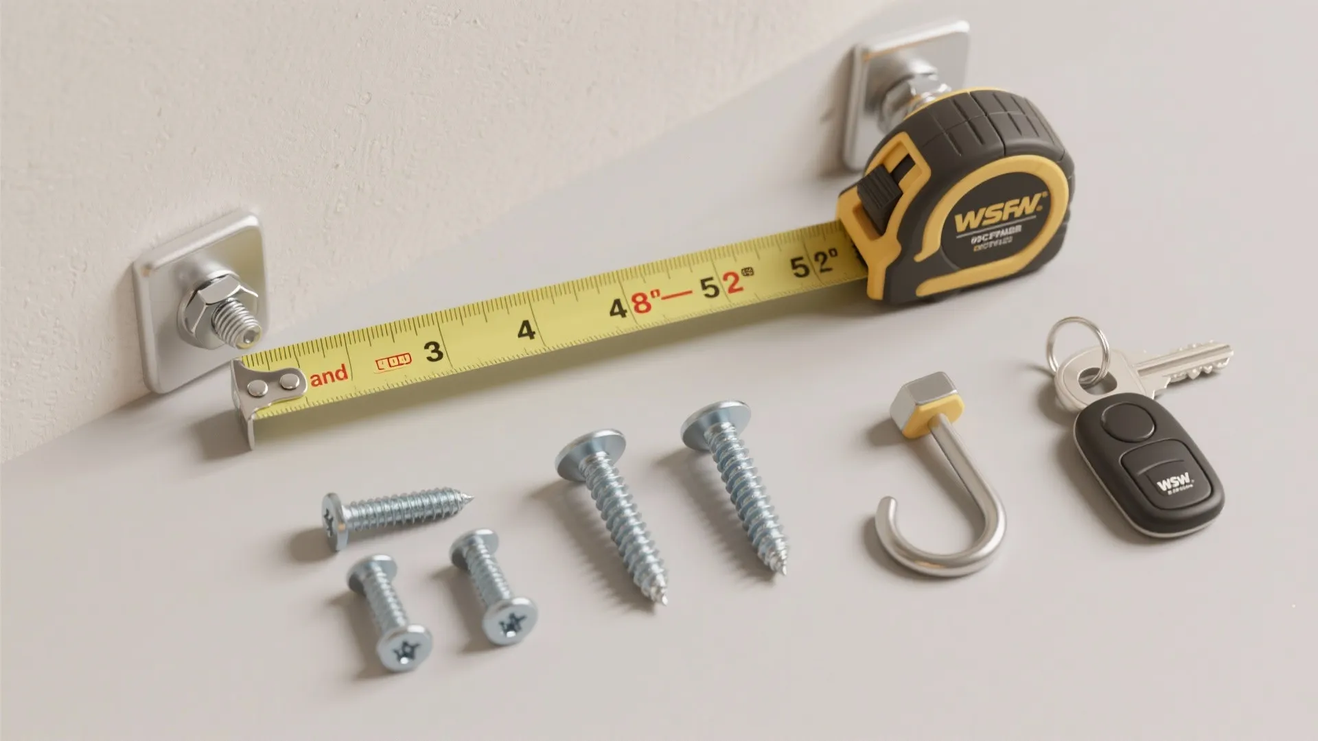 Tools for wall mounting including tape measure screws metal hooks and car keys on table