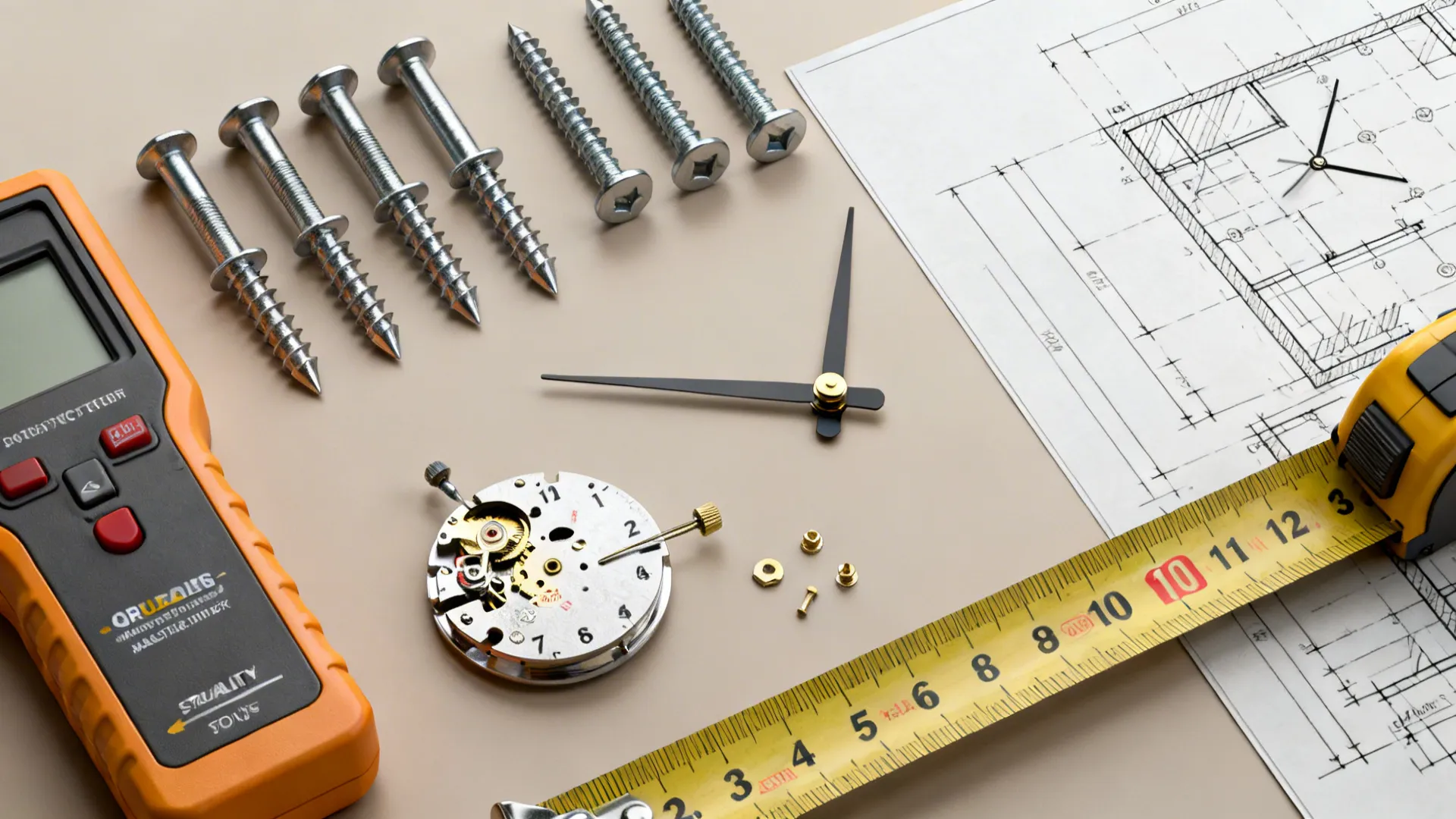 Flat lay of clock parts with screws and a yellow measuring tape on a room layout