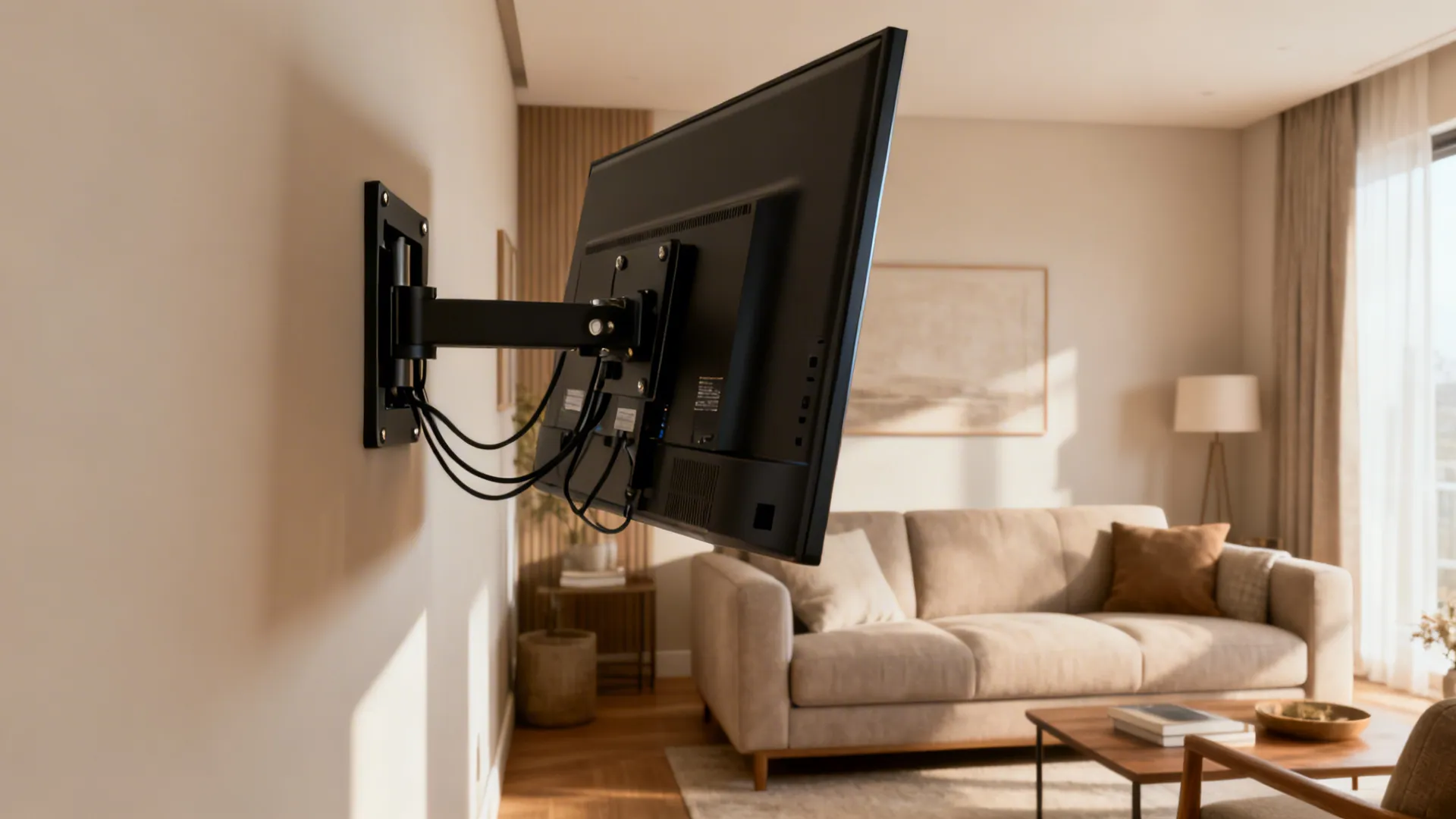 Articulating wall-mounted TV angled toward seating in a compact living room.