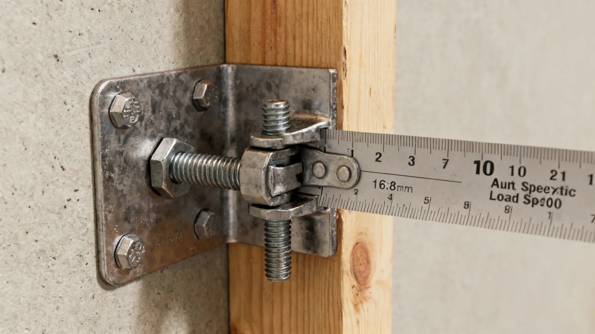 Close-up of wall mounting hardware and anchor plates securing a fold-down table to a stud.