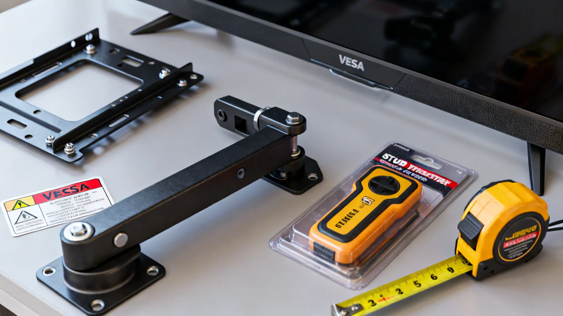 TV mounting hardware, pivot arm, and in-wall power kit laid out to illustrate safety and planning