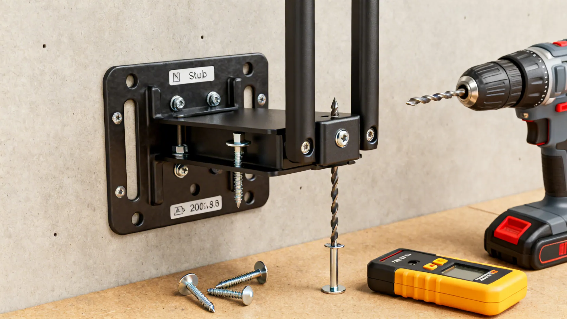 Close-up of mounting bracket and wall anchor hardware for a TV installation