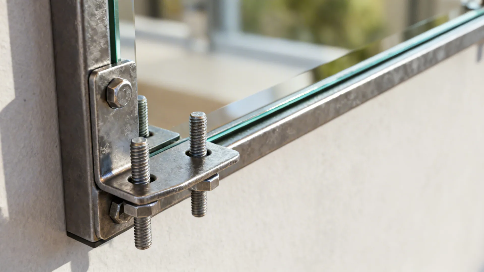 Close-up of mirror mounting hardware and tempered glass mirror corner with anti-tip bracket.