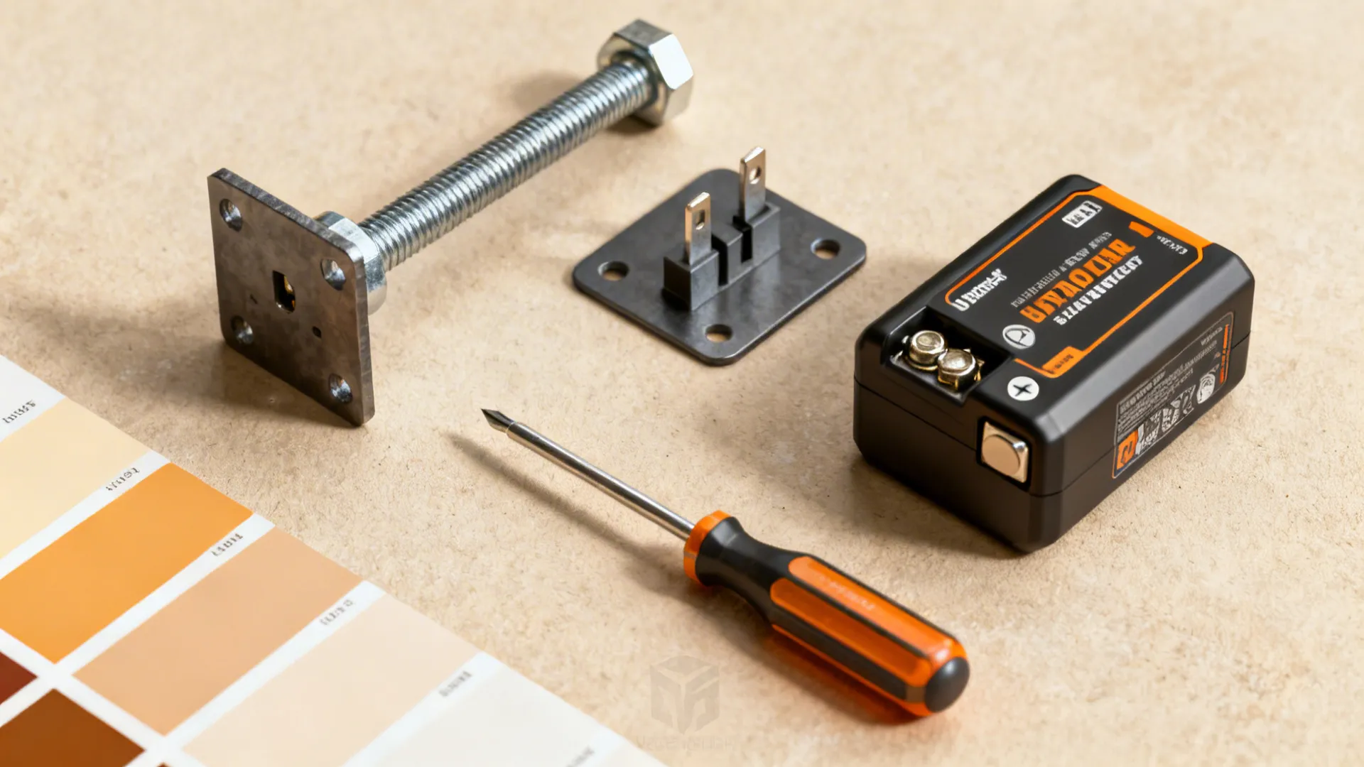 Flatlay of anchors, mounting plate, rechargeable battery pack and tools for installing battery wall lamps.