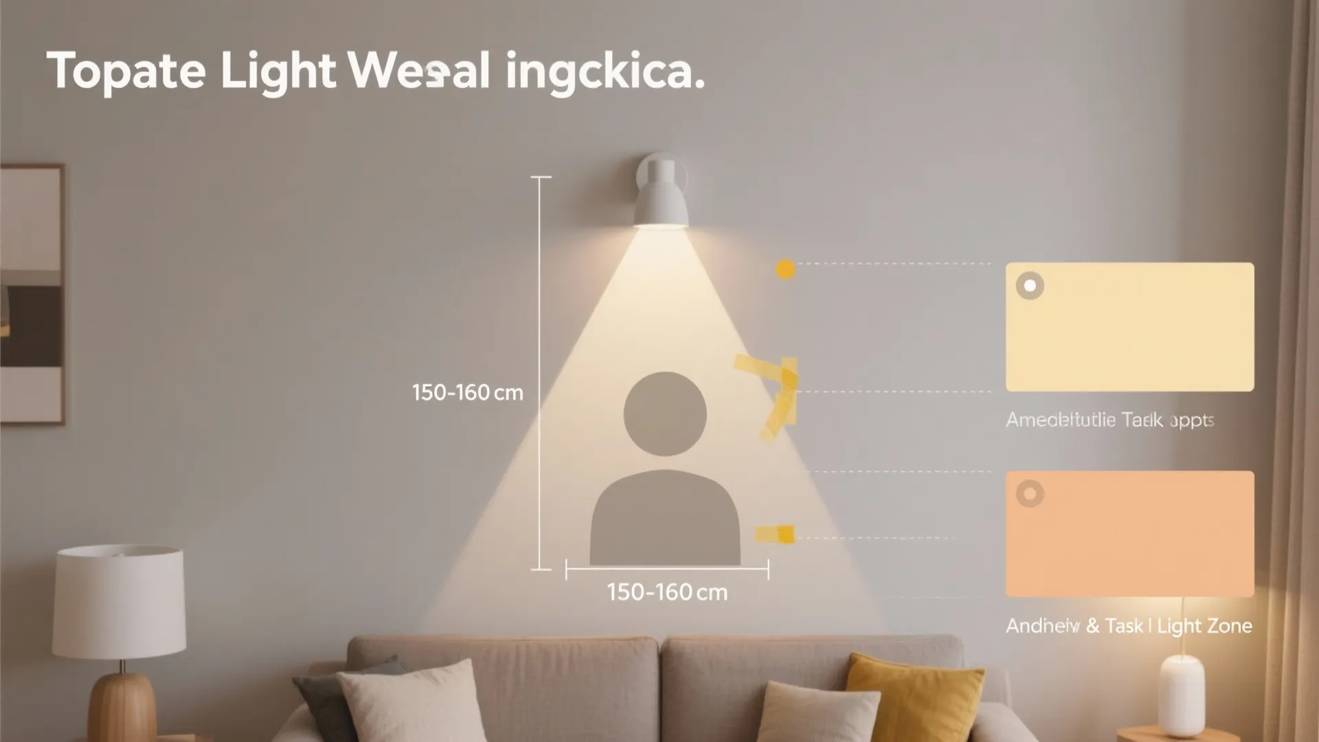 Top-down visual showing wall light mounting heights, wall-wash angles, and ambient versus task zones.