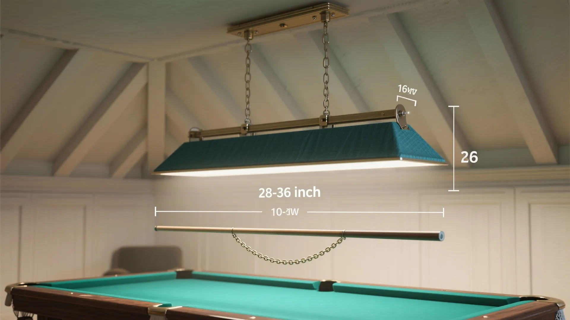 Billiard table with a large green ceiling light showing recommended mounting height measurements in a room