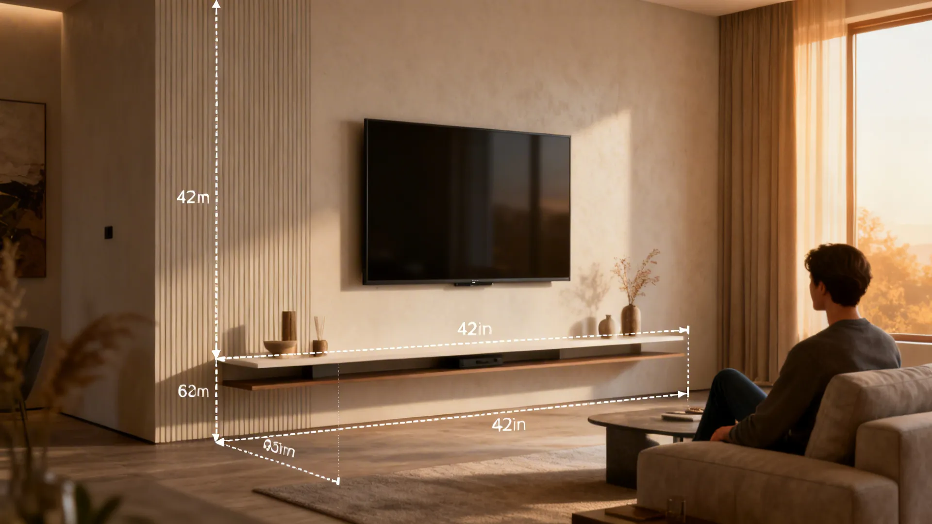 Side view of living room showing TV center at 42 inches from floor with seated viewer.