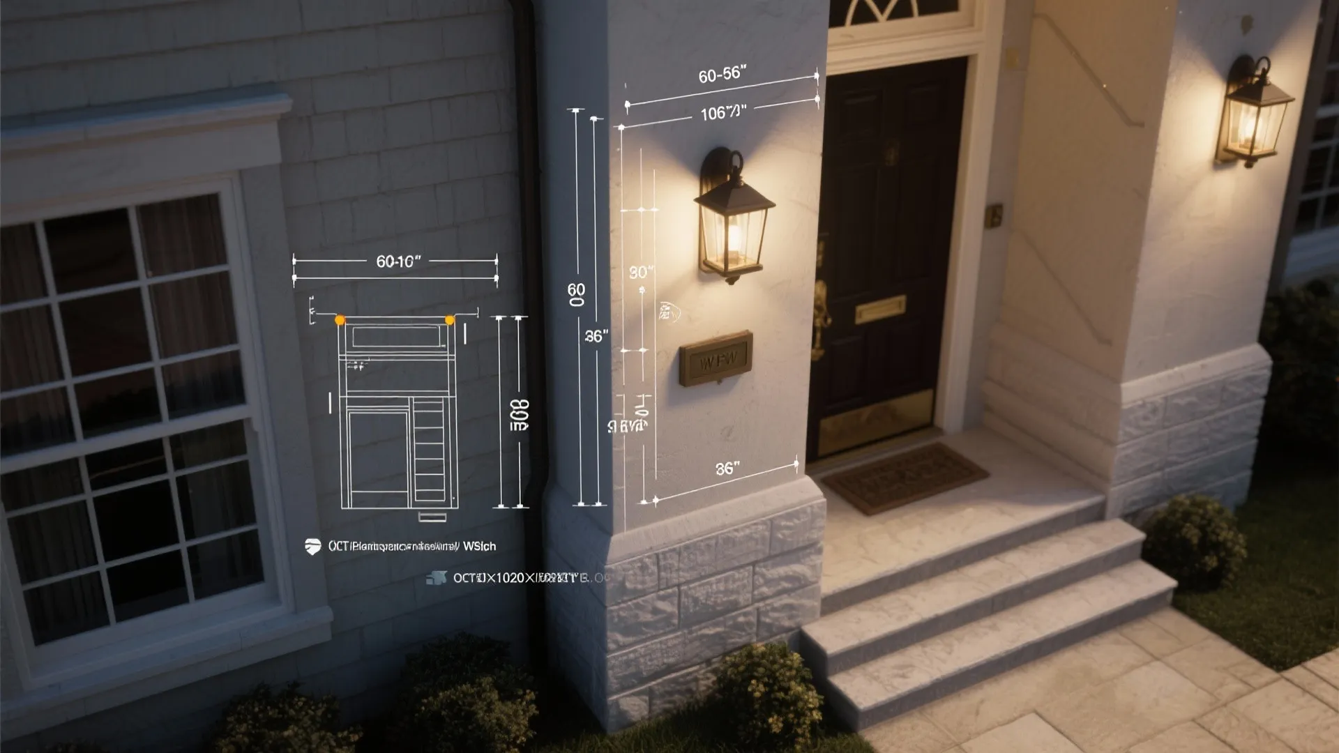 Outdoor wall light installation drawing showing mounting height measurements next to a black front door