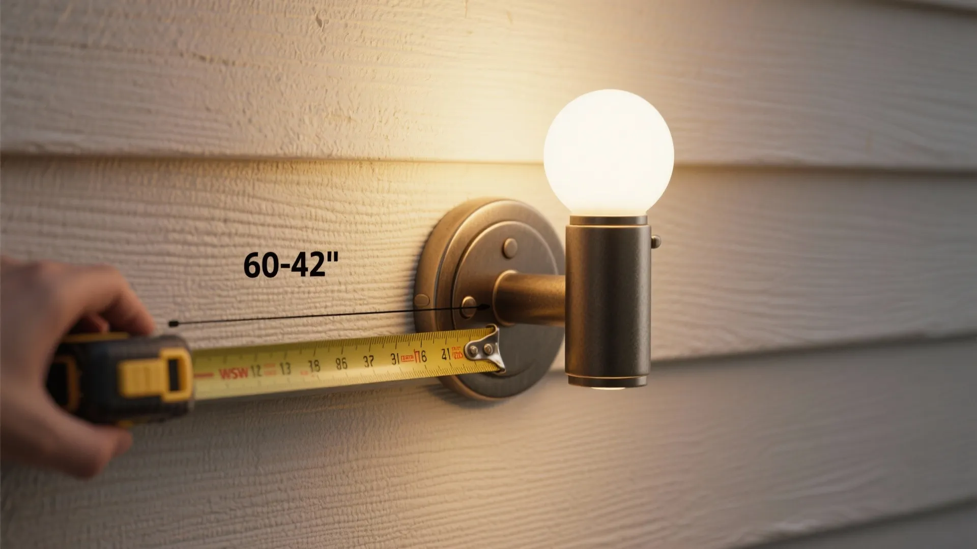Tape measure showing recommended wall light mounting height near an exterior fixture on siding.