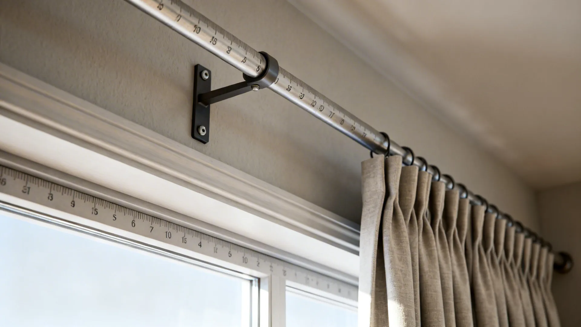 Illustration of curtain rod mounted above window with measurement marks and bracket details
