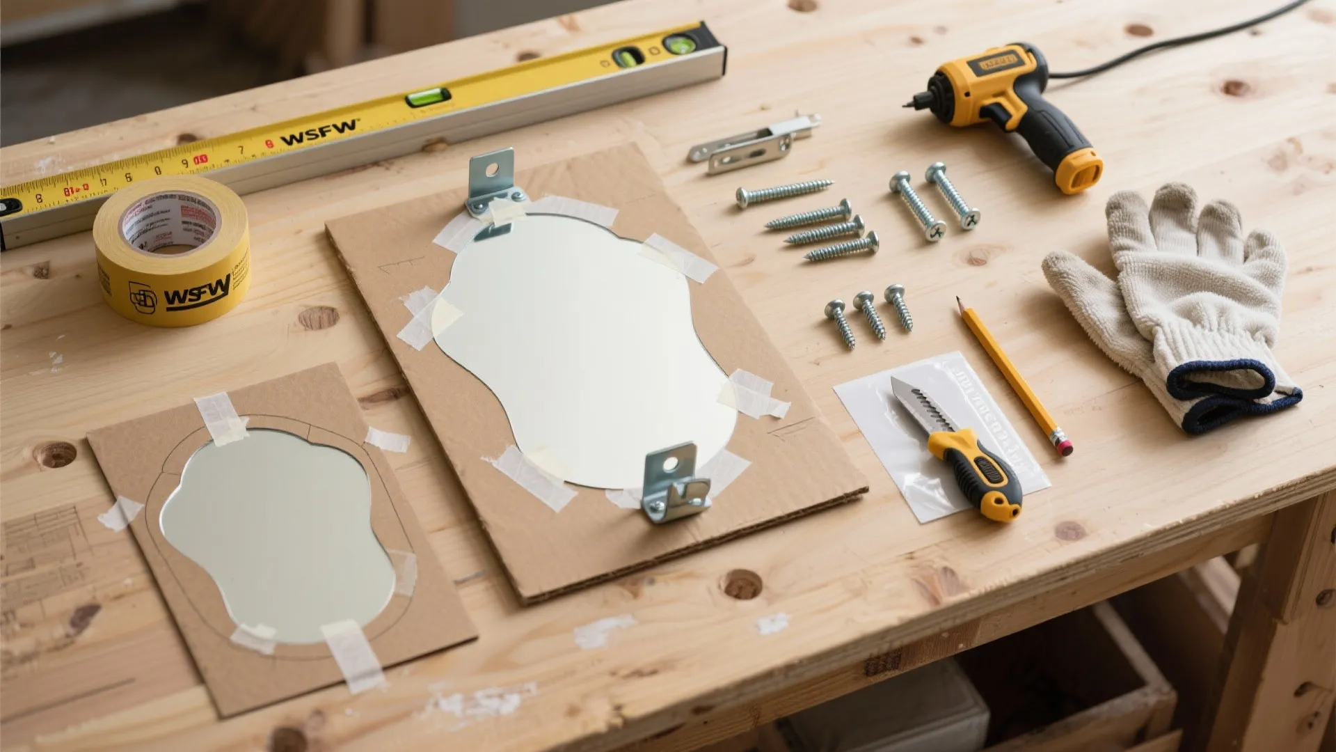 Top-down flat lay of mirror mounting tools, hardware, and kraft paper templates for planning.