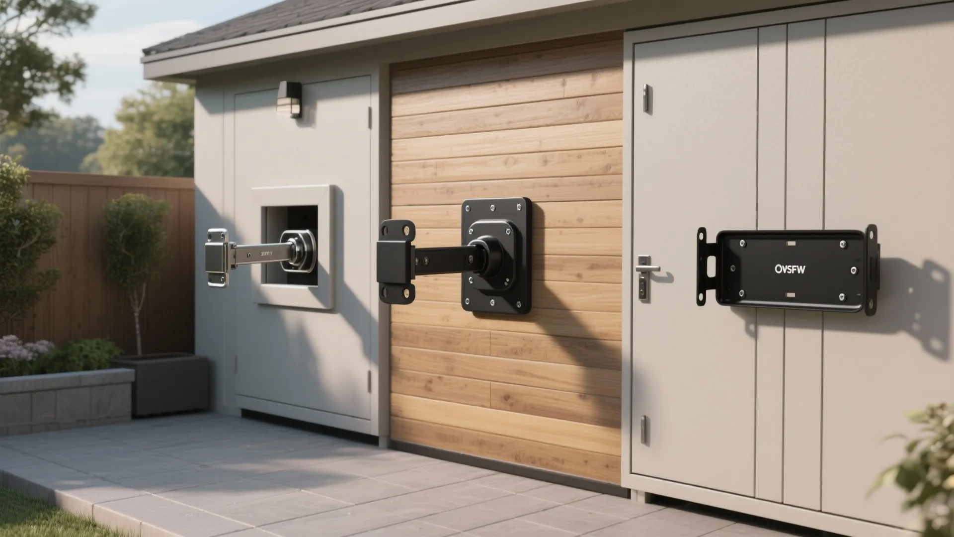 Three different black metal television wall mounts installed on various outdoor wall surfaces and textures
