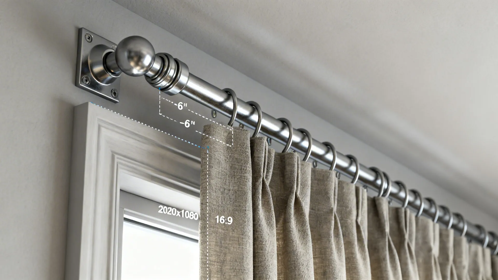 Close up of a metal curtain rod mounted on wall with measurement markings showing six inches