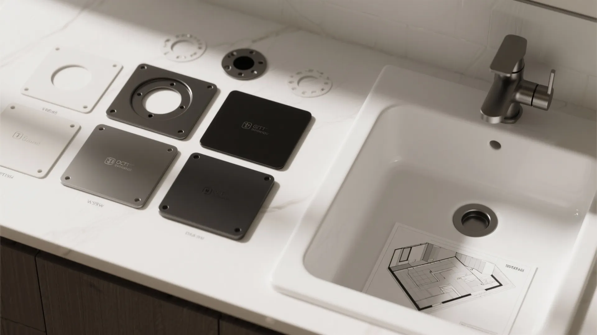 Kitchen sink with various metal mounting plates and floor plan drawing on white marble countertop