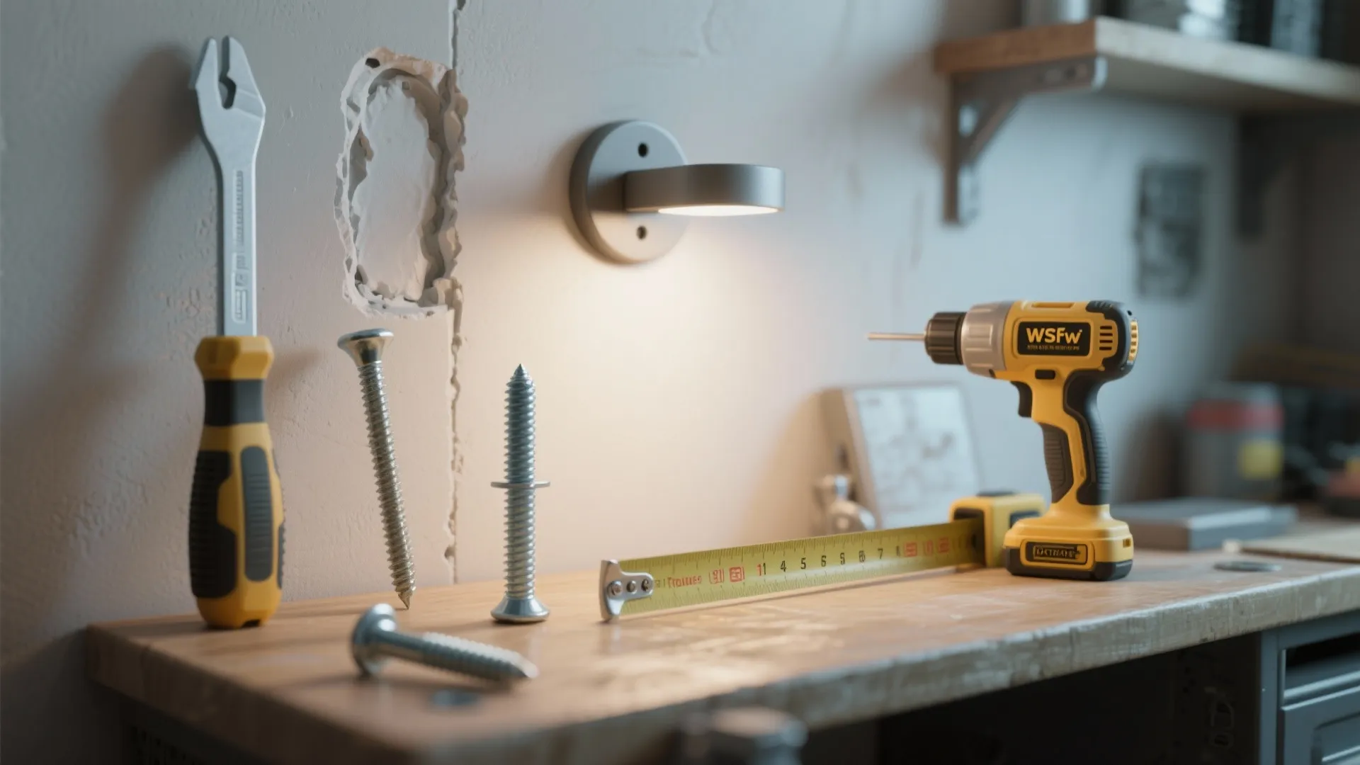 Common mounting tools and anchors arranged on a workbench beside a sample wall bracket