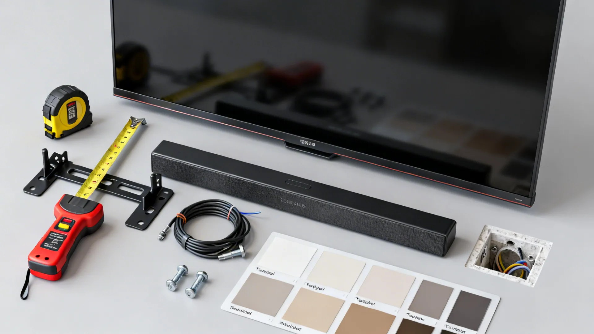 Flatlay of TV mounting tools and cable management kits with color swatches