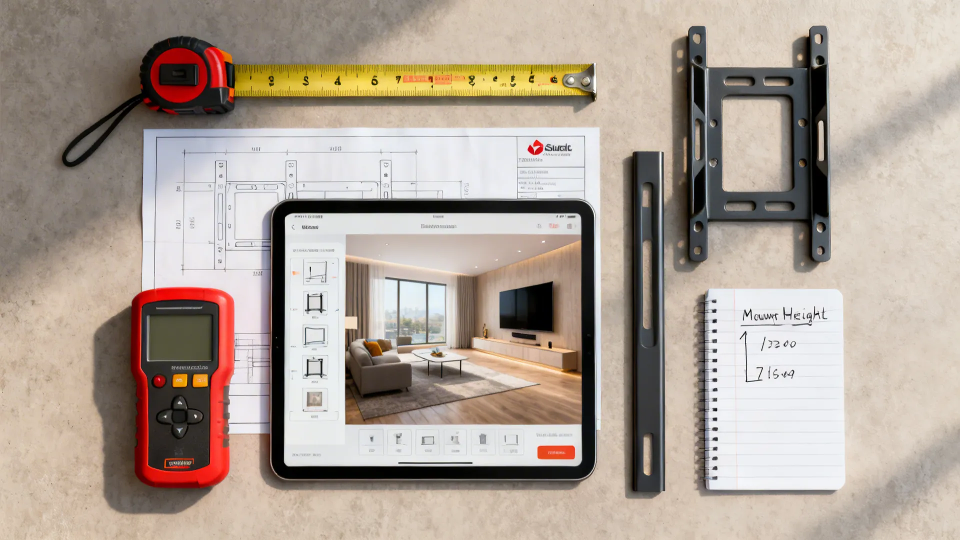 Tablet showing living room design surrounded by measuring tape wall bracket notepad and mounting tools