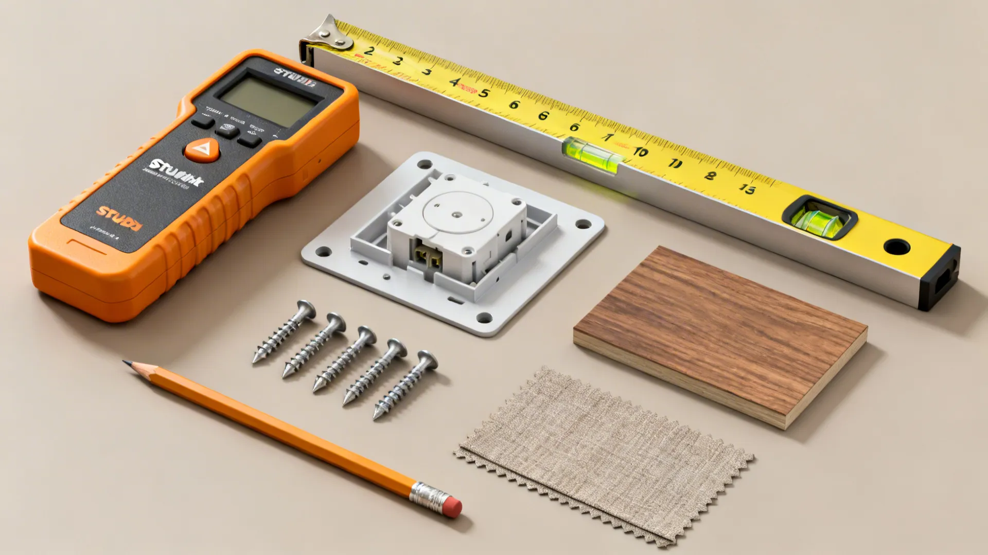 Flatlay of TV mounting tools and in-wall cable kit with material swatches