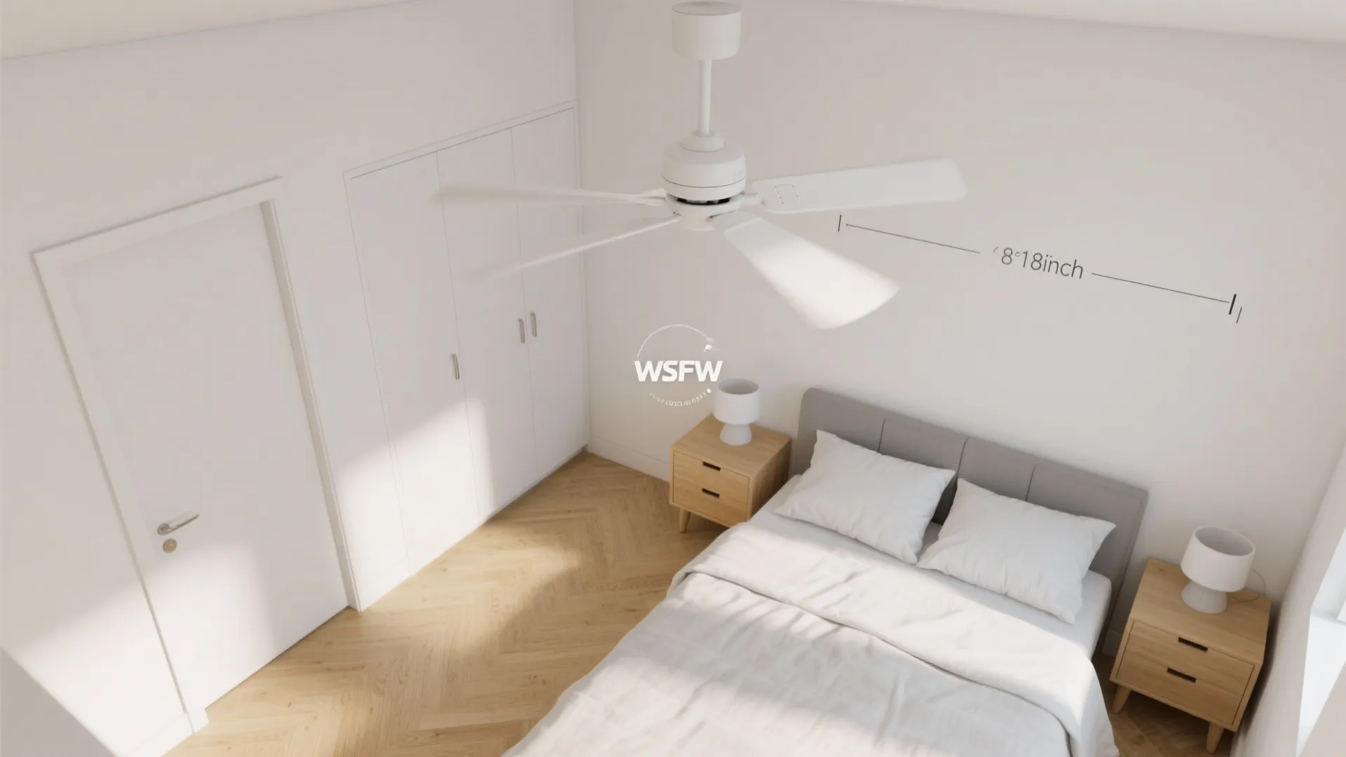 White ceiling fan hanging in bedroom with bed wooden nightstands white wardrobe and distance measurement markings