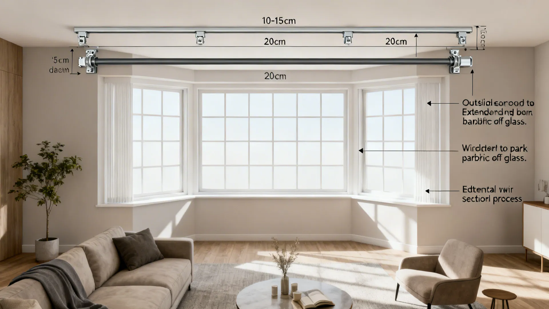 Top-down view illustrating ceiling tracks, wider outside mounts and track extensions to clear window glass.