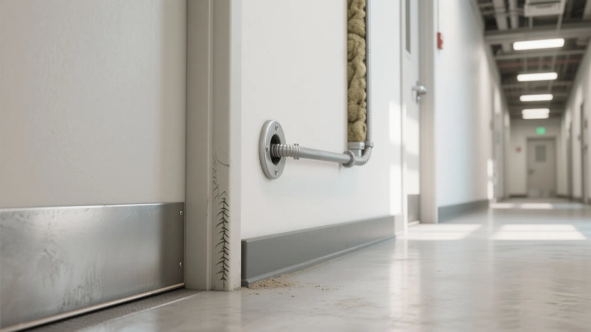 Clean white hallway with wall gaps and pipe entry points showing where mice might enter
