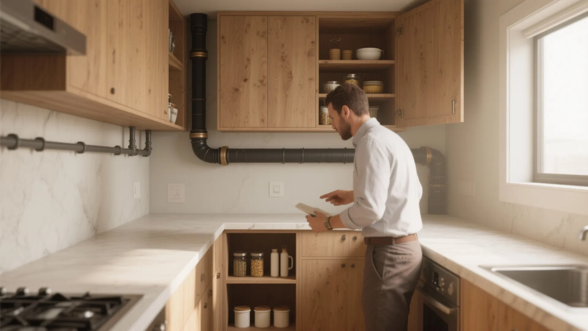 Man uses a tablet while checking wooden kitchen cabinets with black pipes on the wall