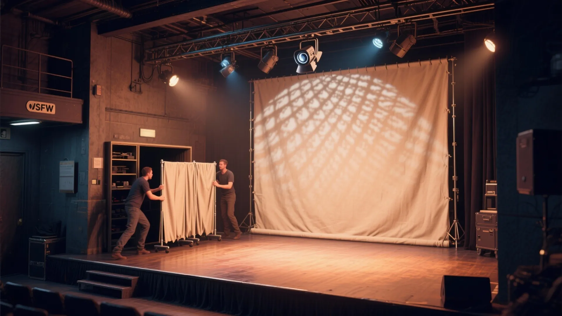 Two people moving a white curtain screen on a stage with several hanging light fixtures
