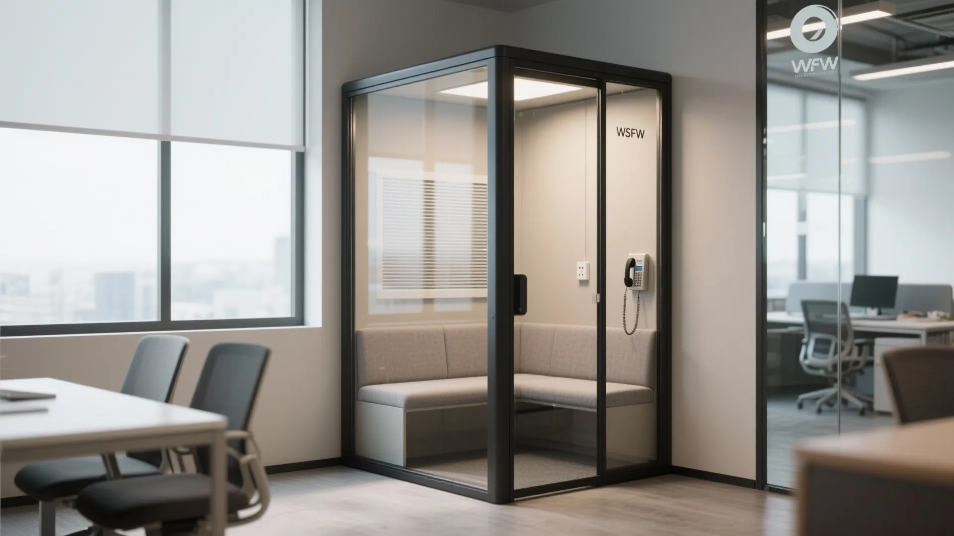 Modern black glass phone booth with grey sofa seating inside a bright open office space