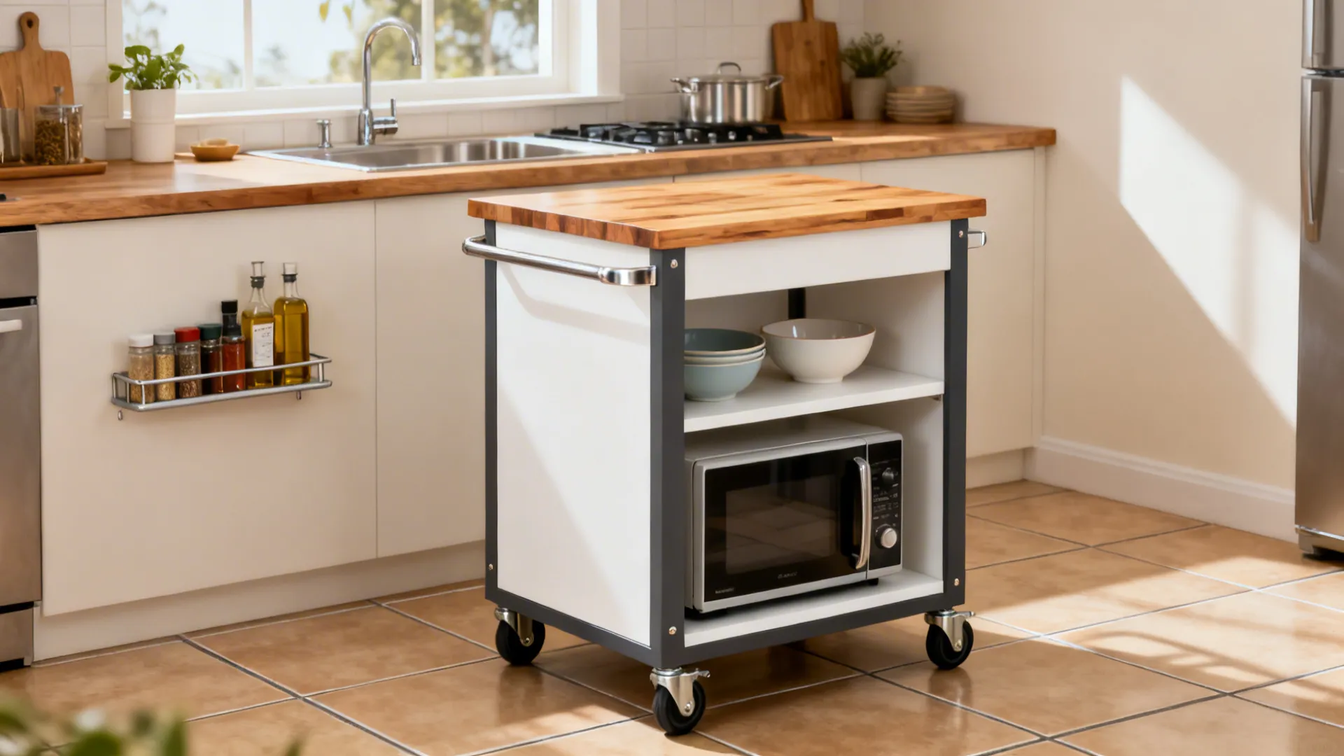 White movable kitchen cart on wheels with wood top holding a microwave and ceramic bowls