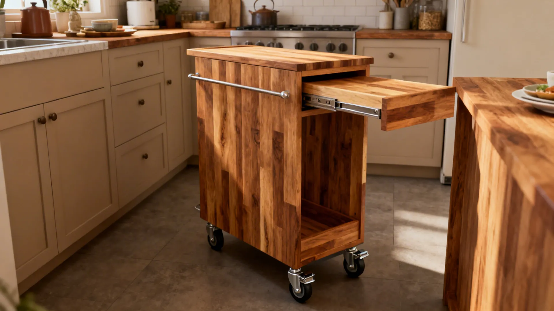Narrow kitchen island and rolling butcher-block cart offering prep space and seating in a small kitchen.
