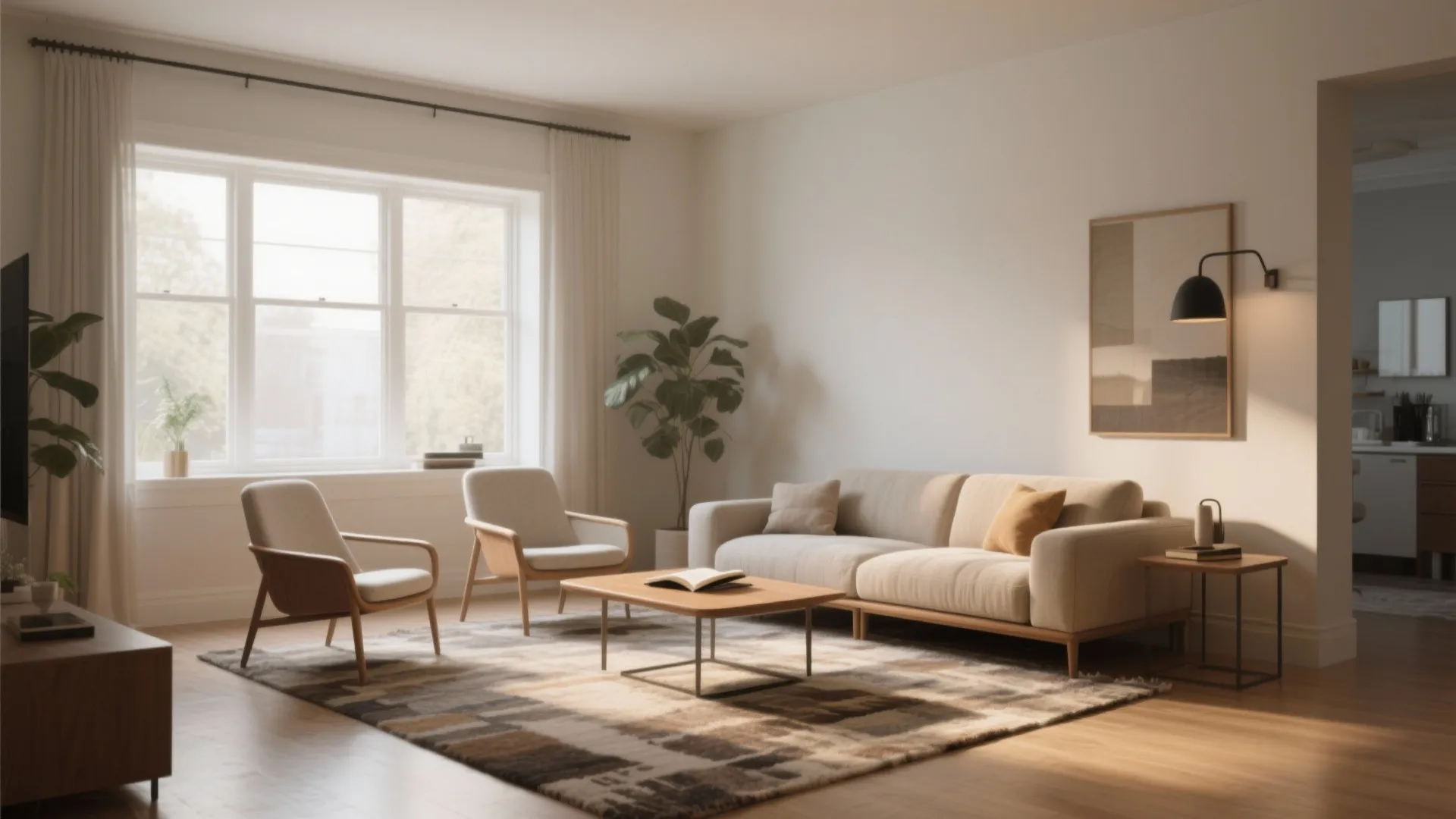 Minimalist living room with beige sofa two wooden chairs a coffee table and large windows