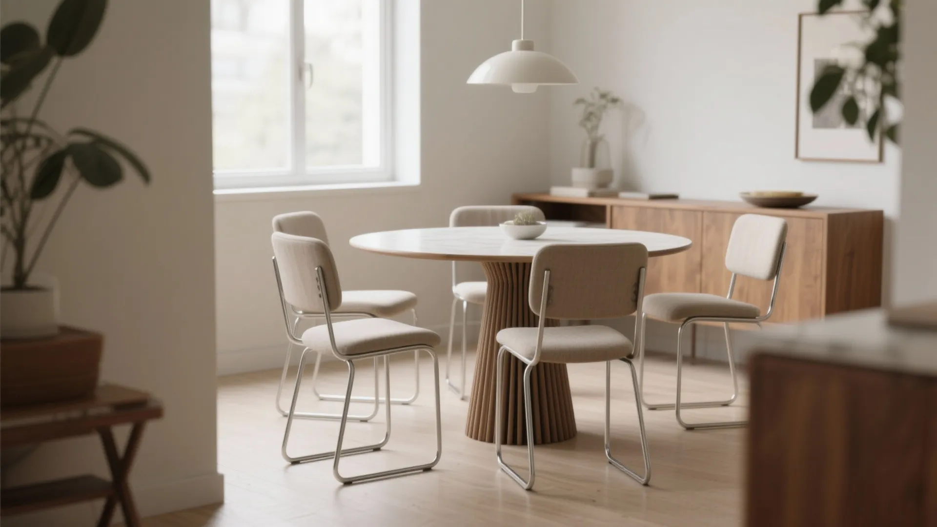Round table paired with lightweight stackable chairs that create clear sightlines and easy circulation in a small dining area.