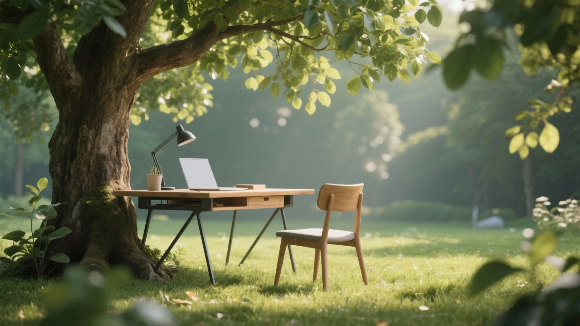 Movable desk and chair placed under a large leafy tree