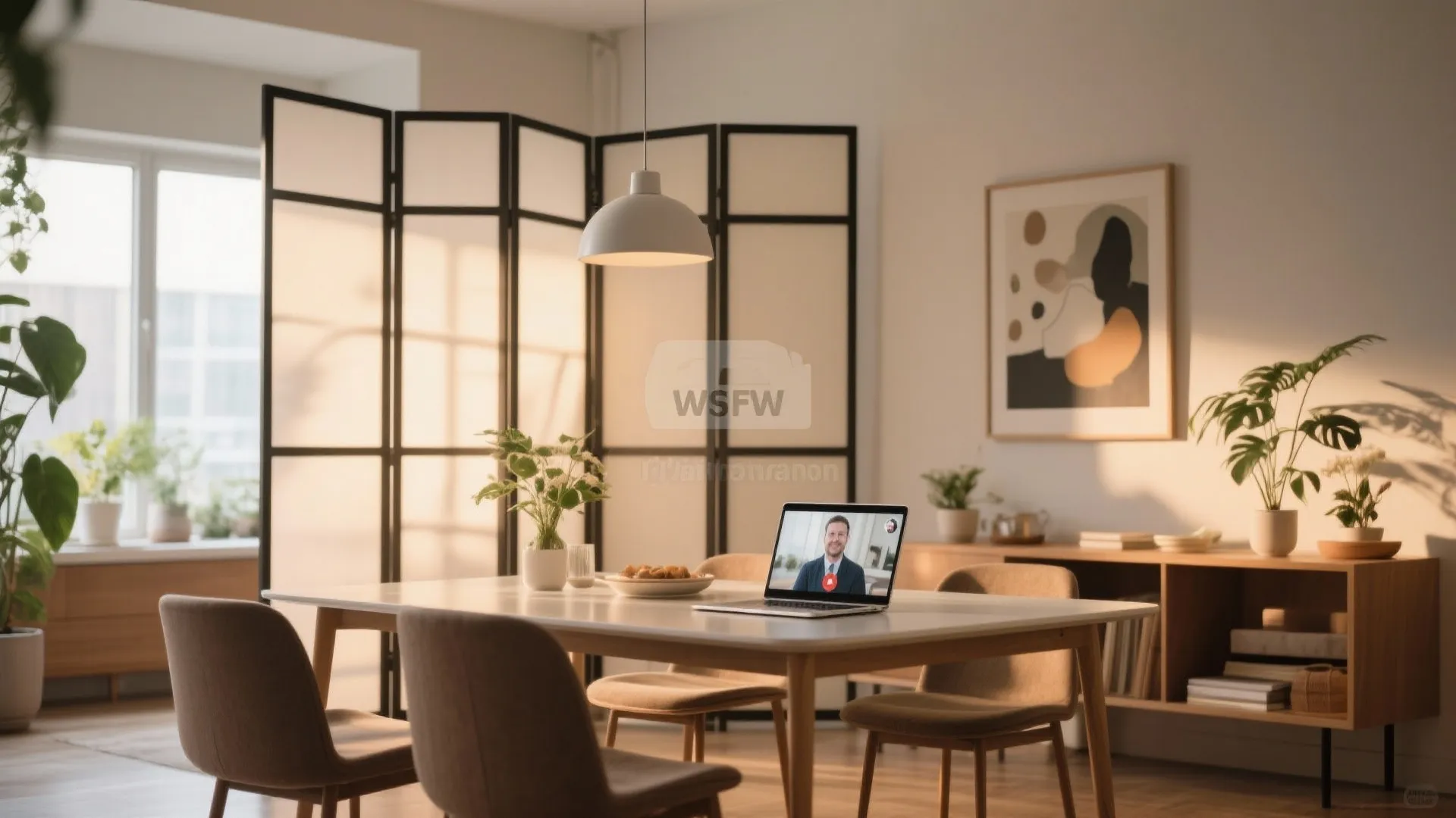 Foldable room divider behind a multifunctional dining table