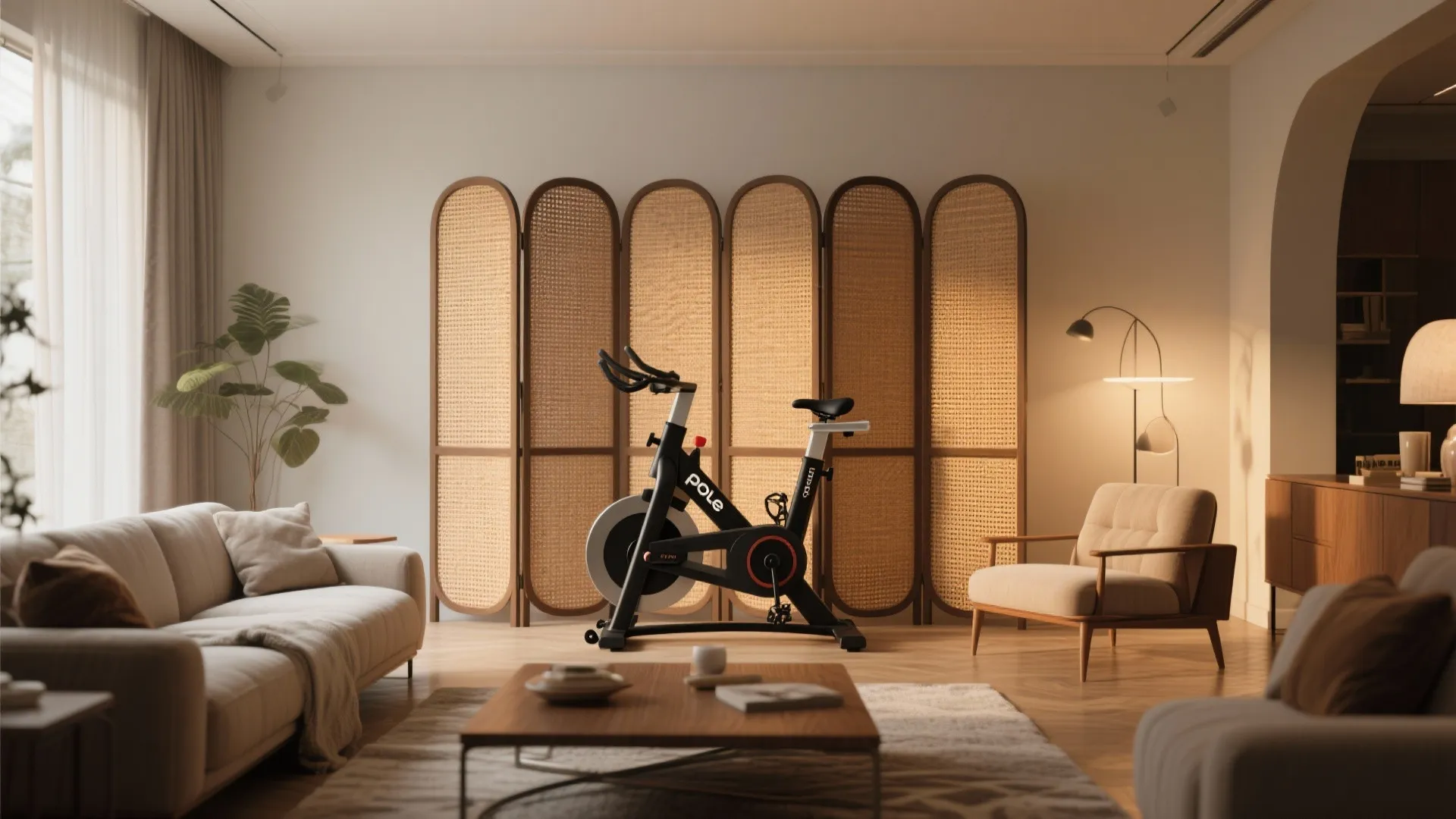 Rattan folding screen hiding Peloton bike in living room