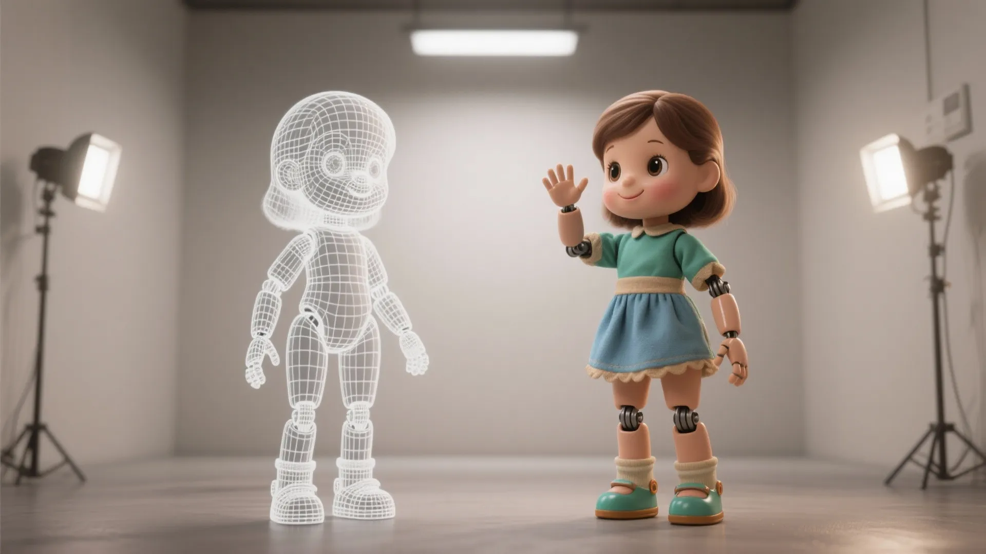 Cute doll girl in blue dress waving next to its white interior design digital character drawing