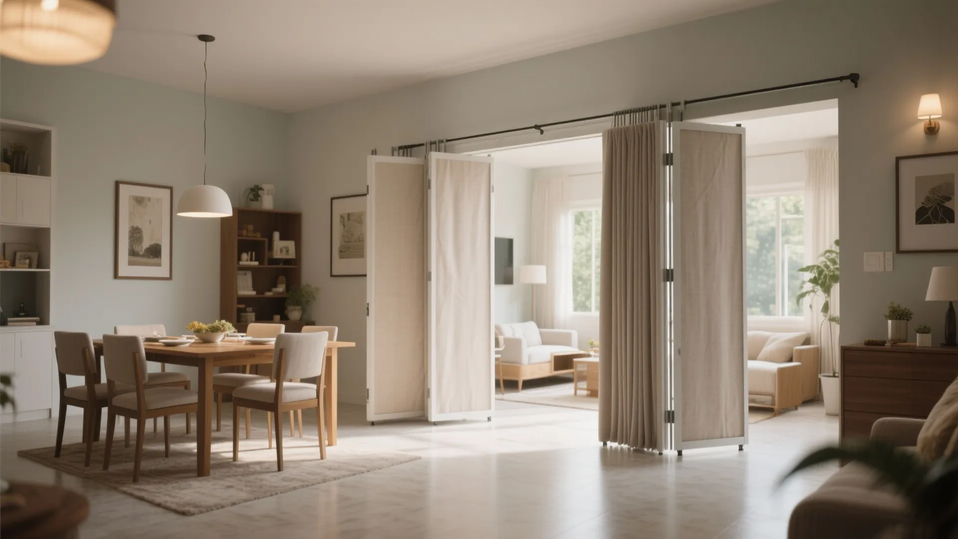 Bright dining area with folding fabric partition curtain separating the living room and table set