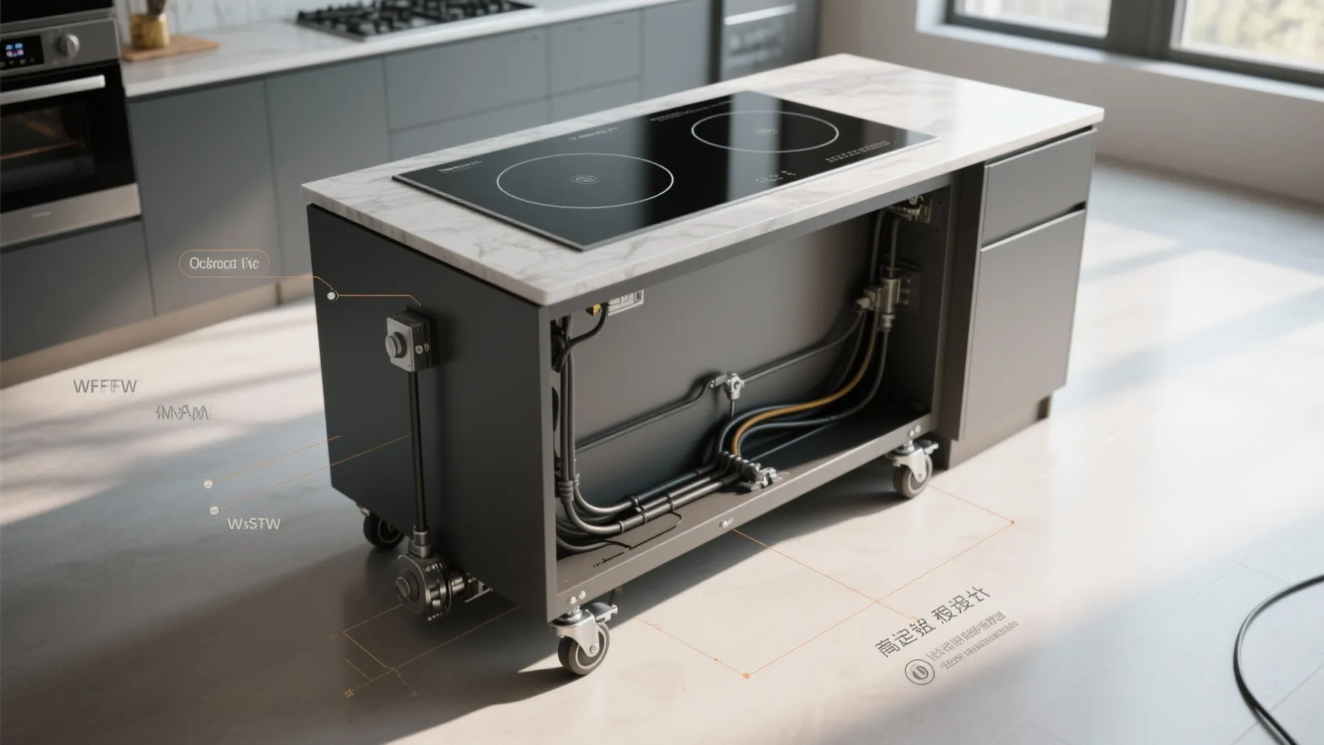 Mobile kitchen island on wheels with induction cooktop and internal electrical wiring for flexible cooking