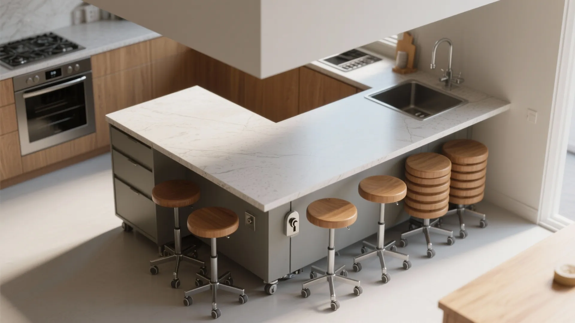 Modern kitchen with movable island counter marble top wooden stools and built in oven kitchen sink