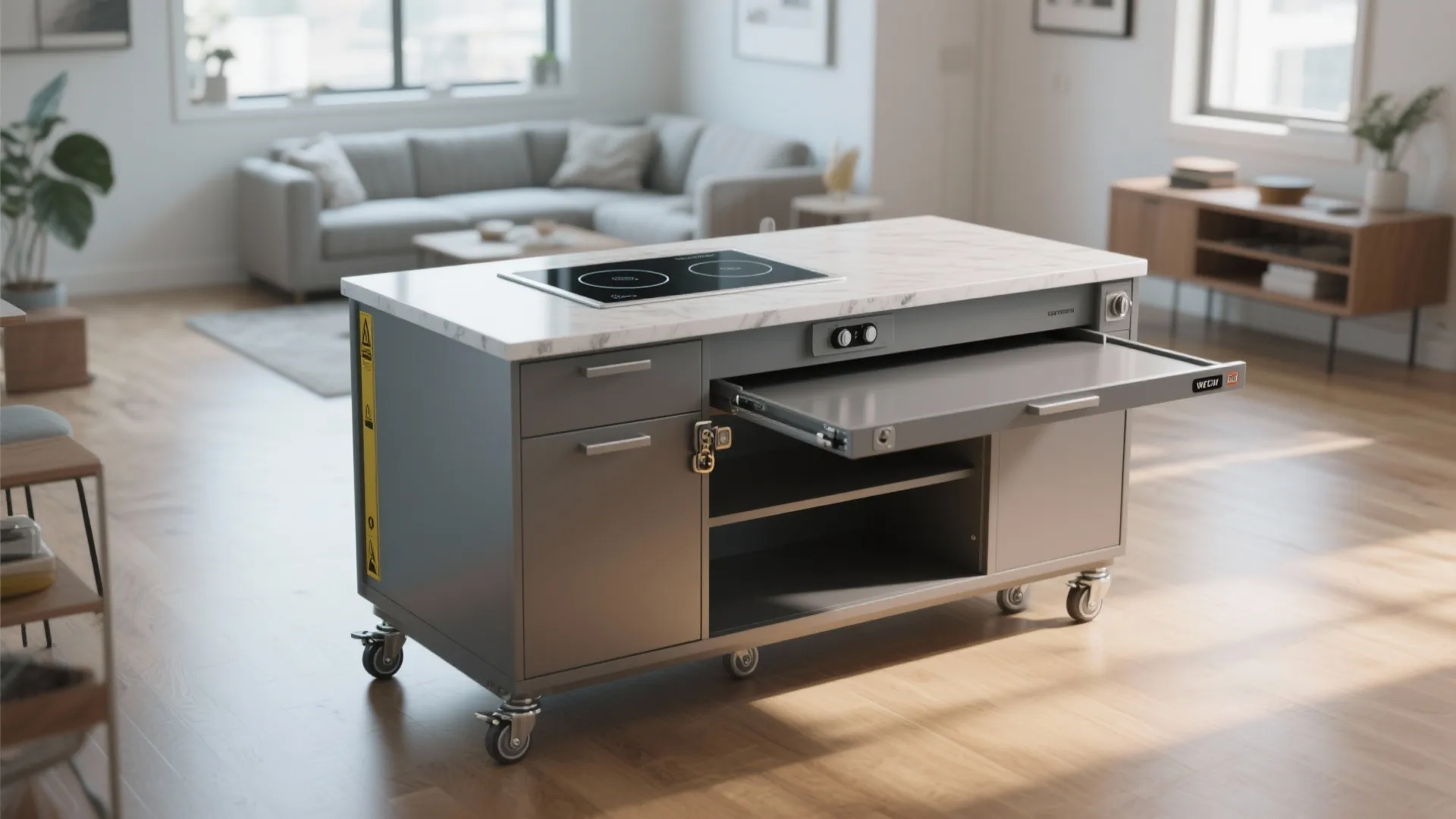 2. Movable island with drop-in induction cooktop