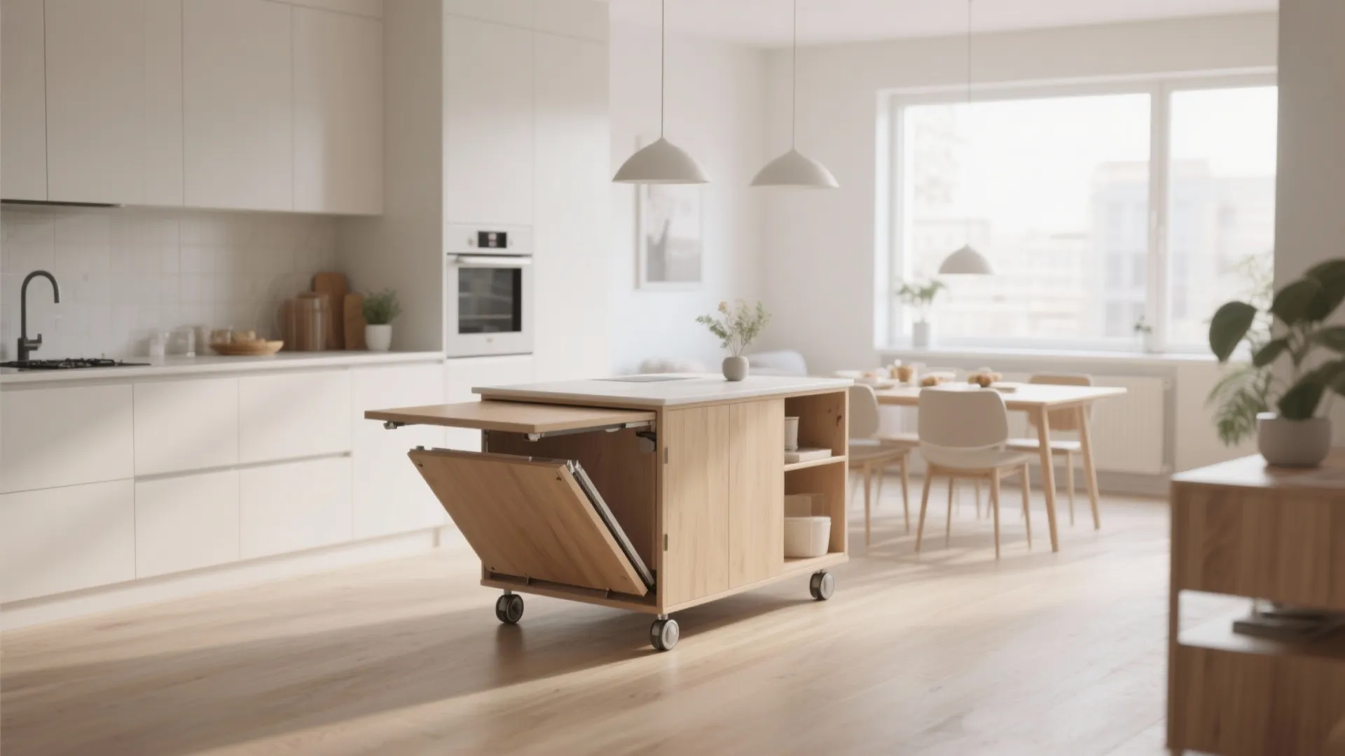 Movable kitchen island with fold-out dining leaf