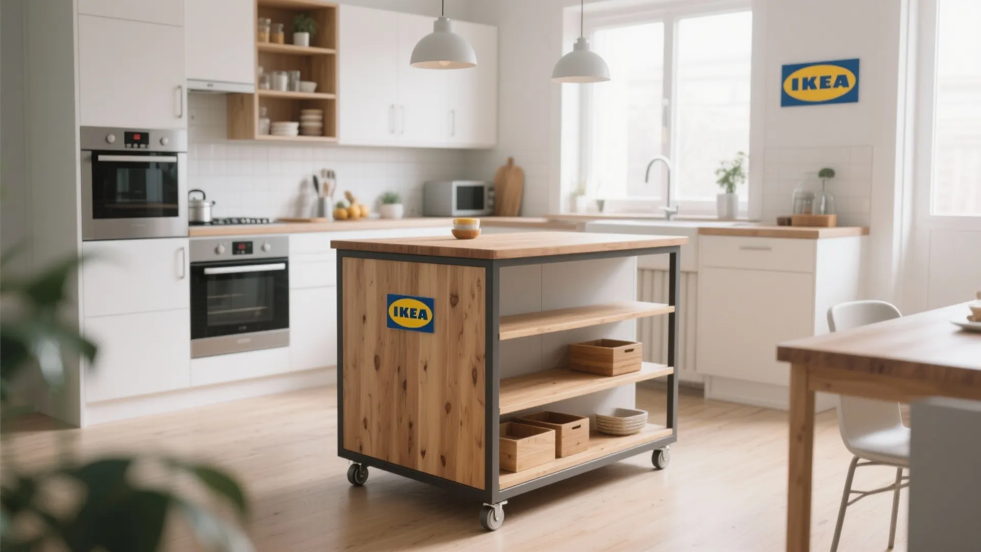Wooden kitchen island with wheels placed in a bright white room with modern kitchen cabinets