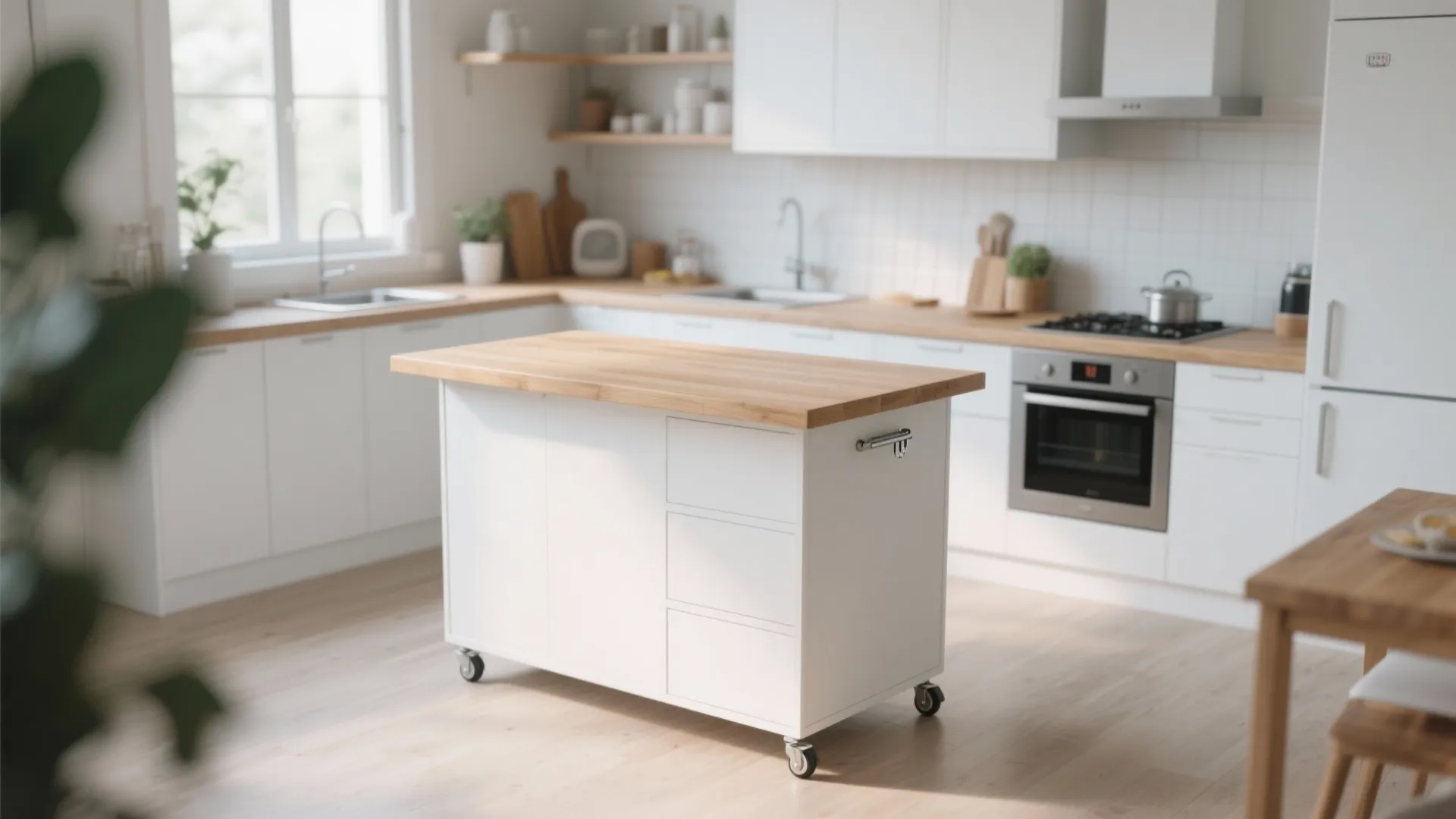 Modern white kitchen with wooden movable island on wheels including drawers and light wood countertop