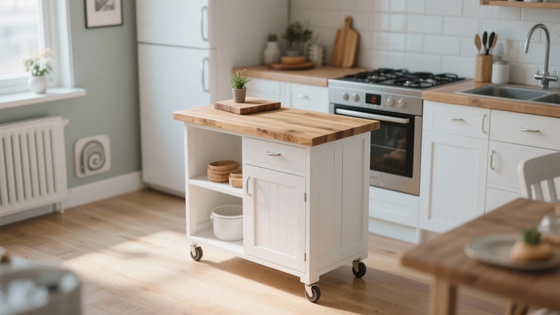 Compact movable kitchen island on wheels