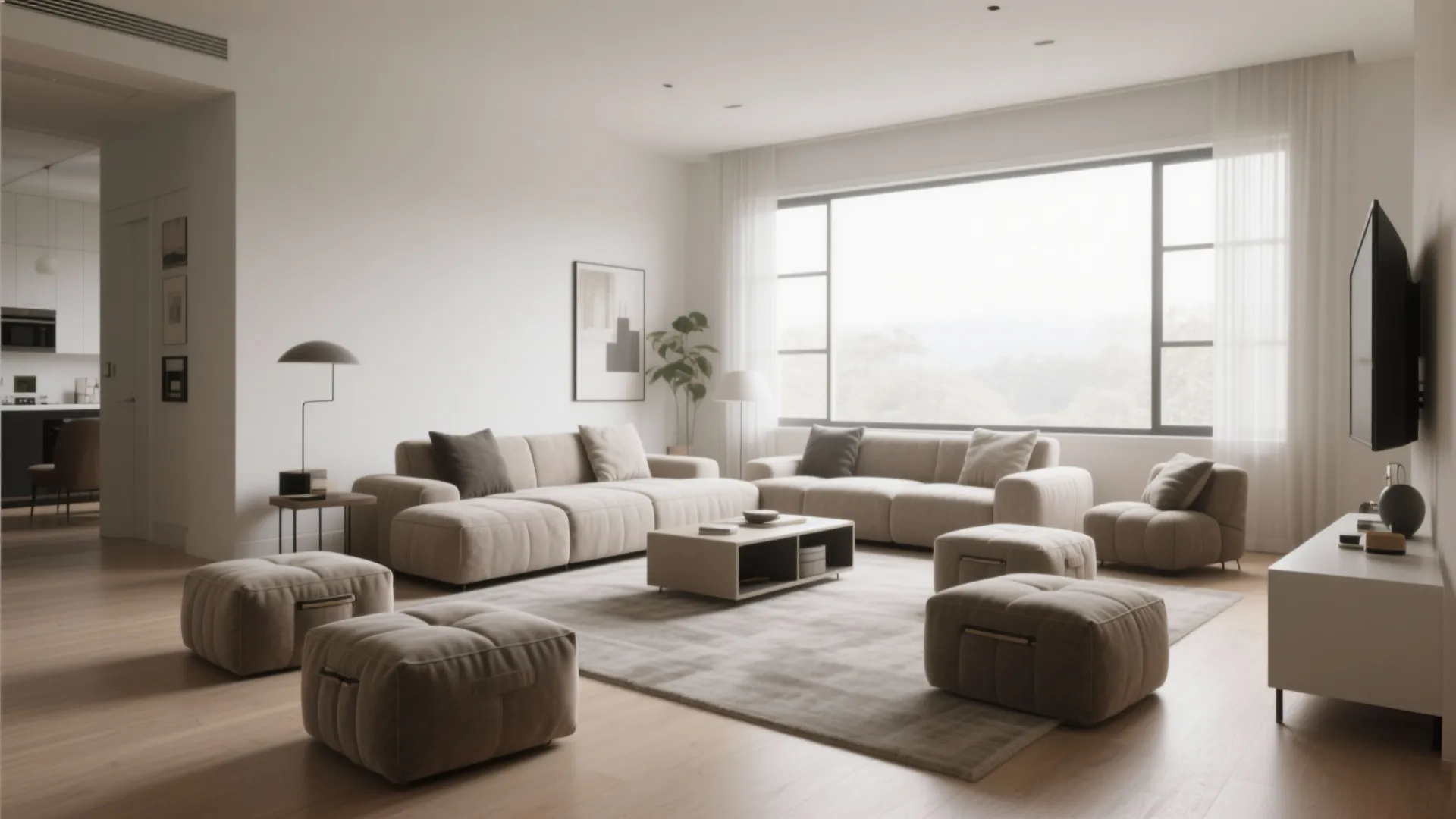 Spacious living room with modular beige sofas several square footrests large window and TV stand