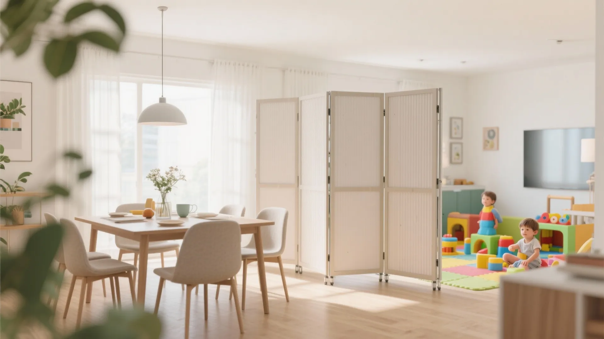 White room divider separating a dining area from a play area with children and colorful toys