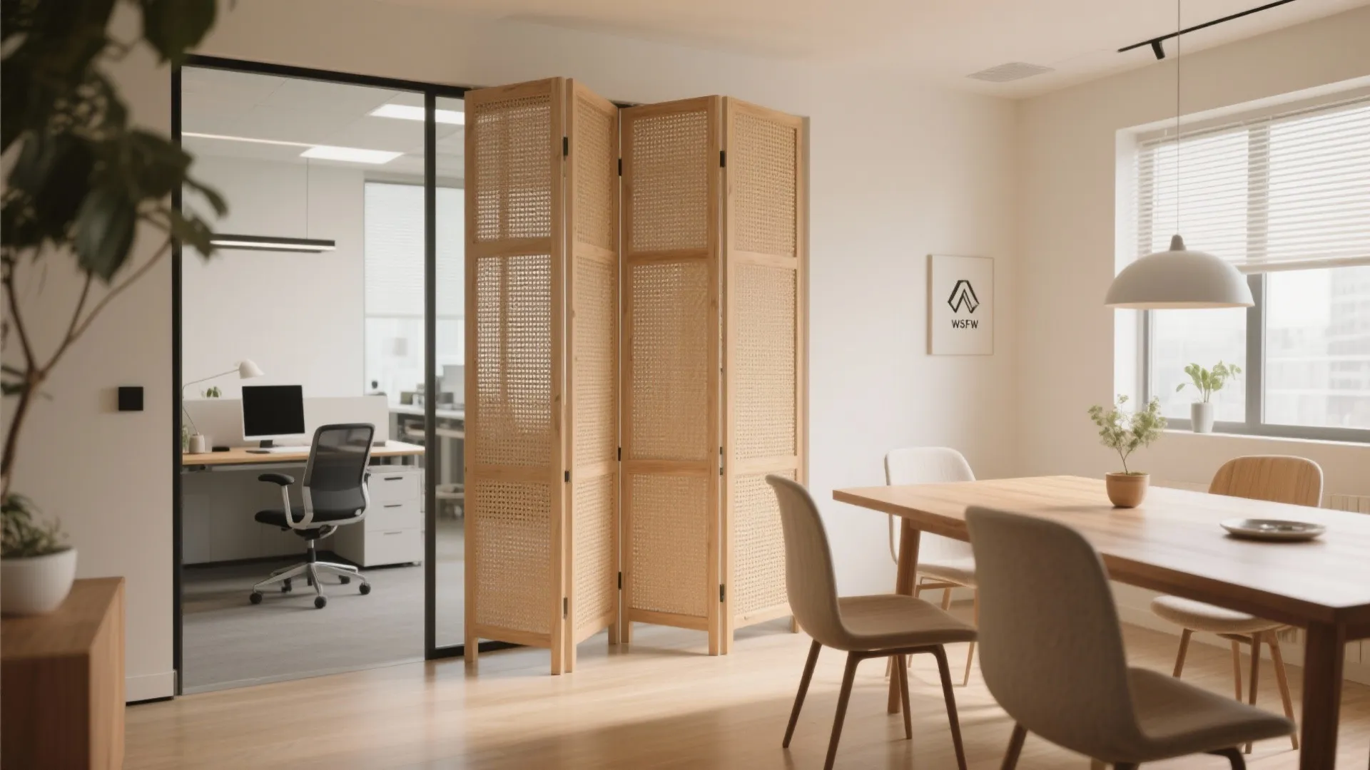 Folding wooden room divider separating a home office desk area from a wooden dining table