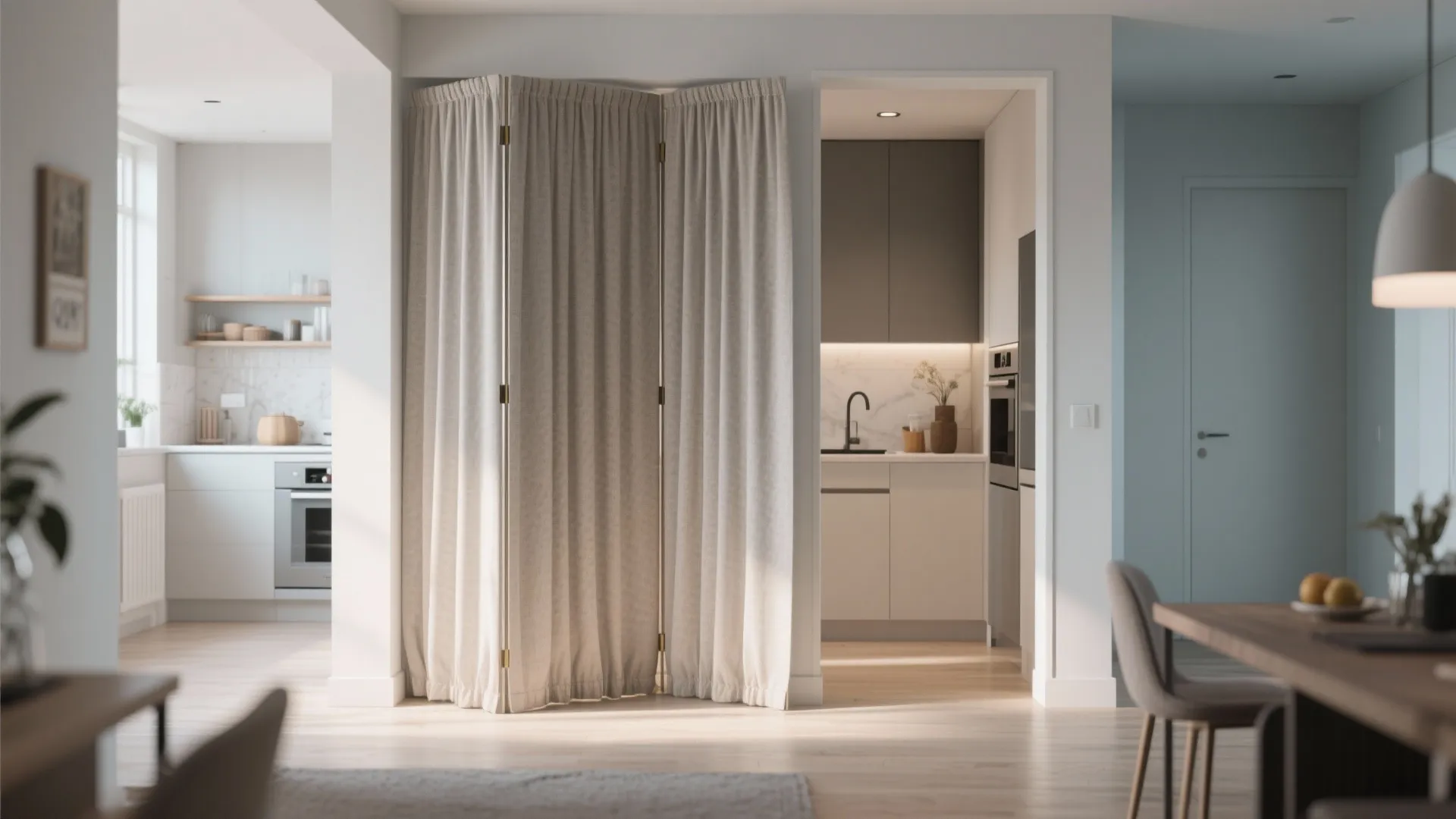 Beige curtain room divider separating a kitchen area from the dining room in modern apartment