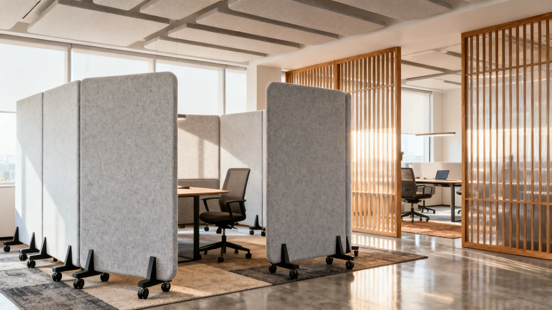 Movable half-height acoustic partitions on casters create flexible zones in a small office.