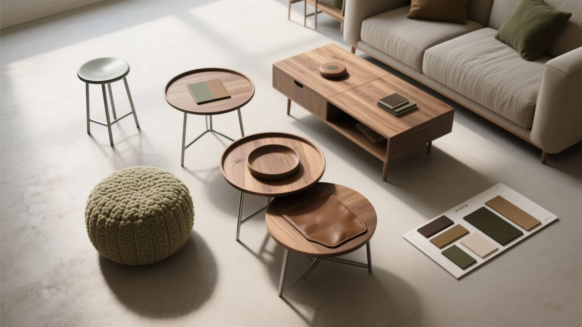 5) Layer movable pieces: nesting tables, poufs, and stools